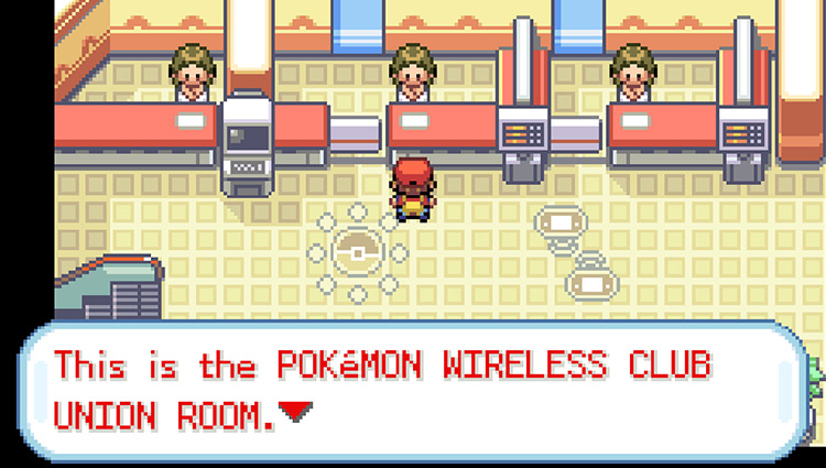 Talking to the Wireless Trade Club attendant on the top floor of the Pokémon Center / Pokémon FRLG