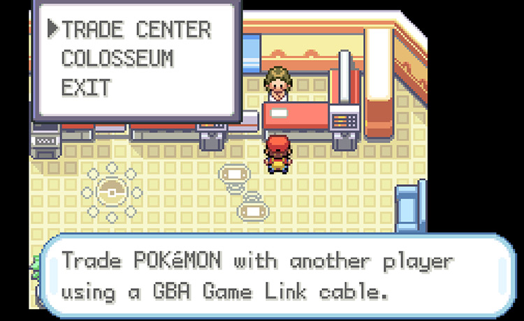 Talking to the Link Cable Trade attendant on the top floor of the Pokémon Center / Pokémon FRLG