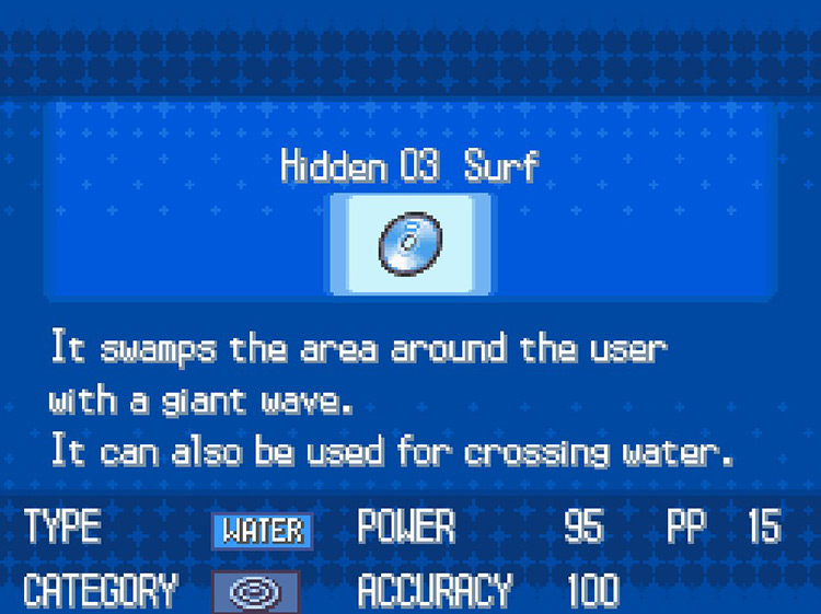 In-game details for HM03 Surf. / Pokémon Black and White
