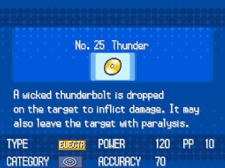 In-game details for TM25 Thunder. / Pokémon Black and White