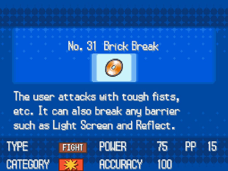 In-game details for TM31 Brick Break / Pokémon Black and White