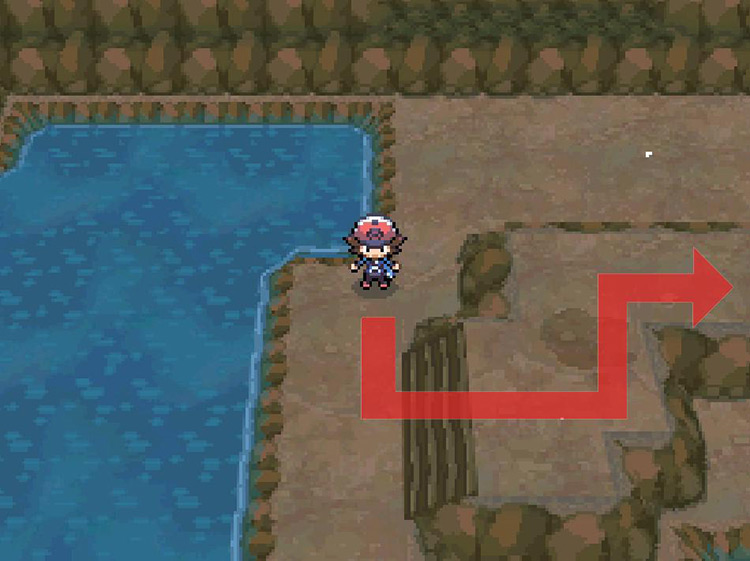 Take the stairs onto the elevated rock surface. / Pokémon Black and White