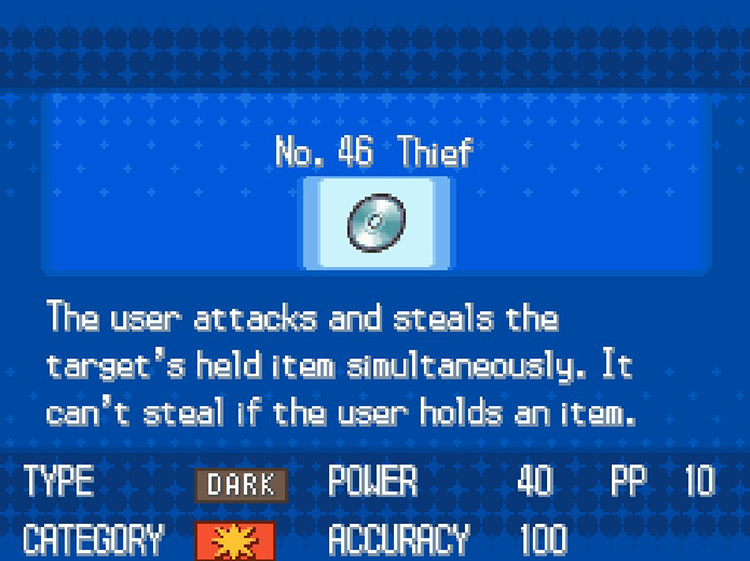 In-game details for TM46 Thief. / Pokémon Black and White