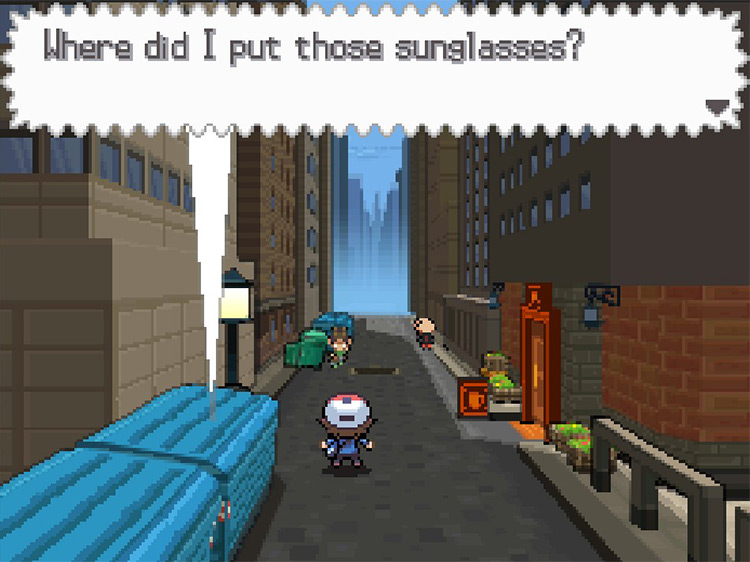 Walk past the alley’s blue dumpsters. / Pokémon Black and White