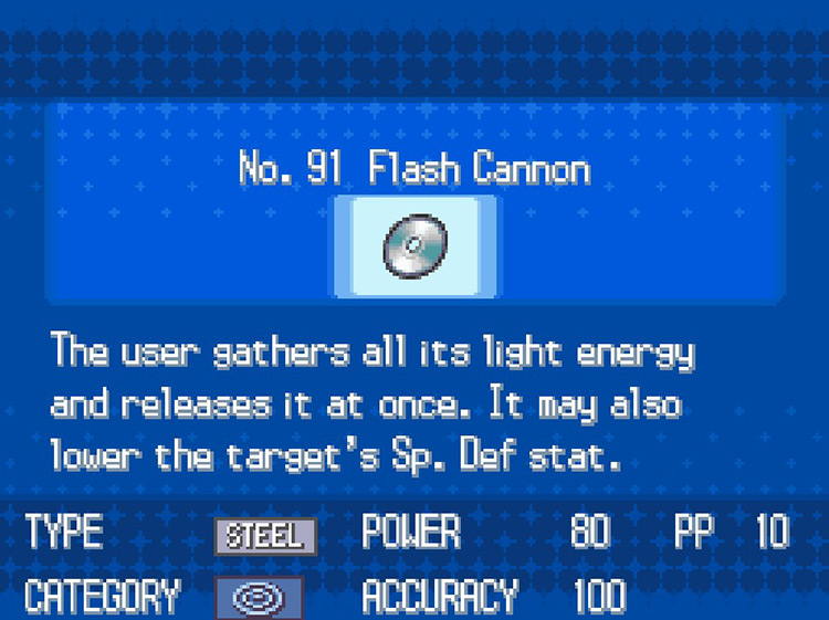 In-game details for TM91 Flash Cannon. / Pokémon Black and White