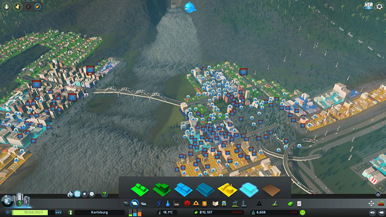 Severe flooding caused by the overflowing river in the By The Dam scenario / Cities: Skylines