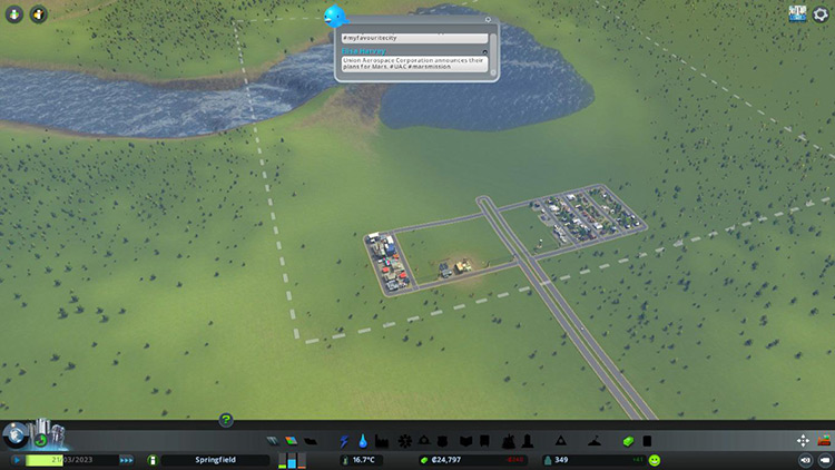 The nearby river flows into your starting tile early on in the Floodland scenario / Cities: Skylines