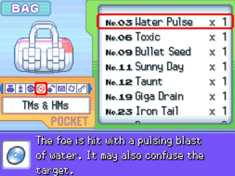 In-game description of TM03 Water Pulse / Pokémon Platinum