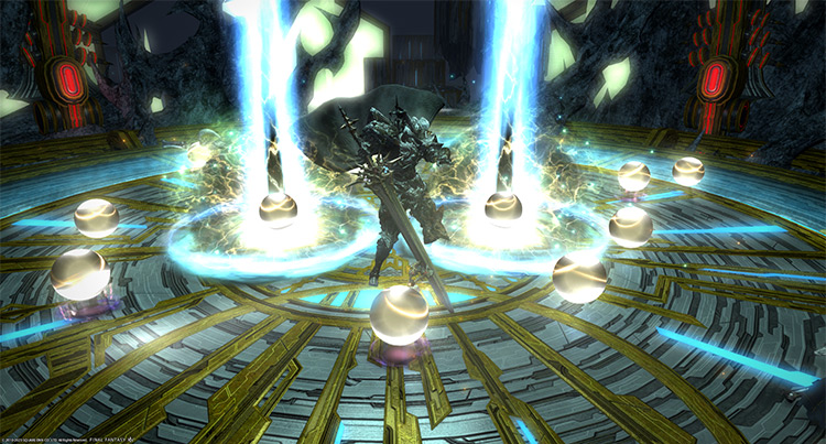 Orbs of light exploding around King Thordan / Final Fantasy XIV