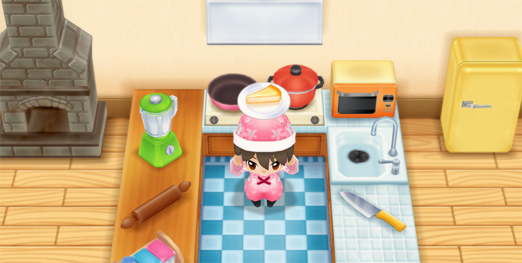 The farmer makes Cheesecake in the kitchen using X Egg. / Story of Seasons: Friends of Mineral Town
