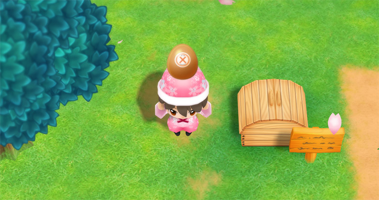 The farmer drops X Egg into the Shipping Bin. / Story of Seasons: Friends of Mineral Town