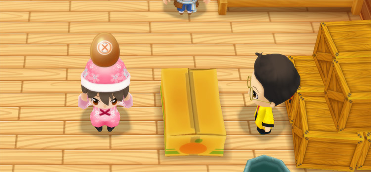 The farmer stands in front of Huang’s counter with an X-Egg / Story of Seasons: Friends of Mineral Town