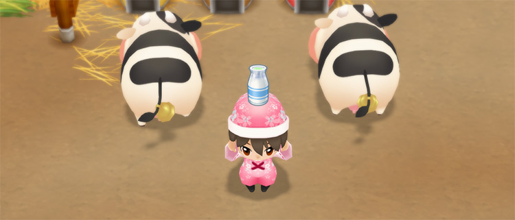 The farmer harvests Milk from a cow. / Story of Seasons: Friends of Mineral Town
