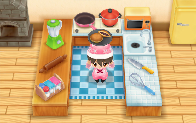 The farmer makes Dorayaki in the kitchen using X Milk. / Story of Seasons: Friends of Mineral Town