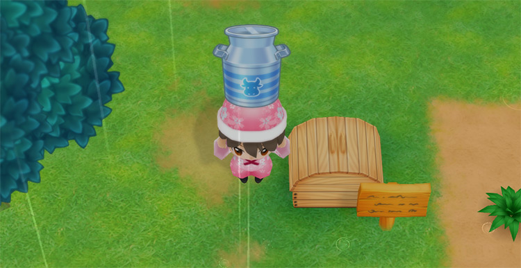 The farmer drops X Milk into the Shipping Bin. / Story of Seasons: Friends of Mineral Town