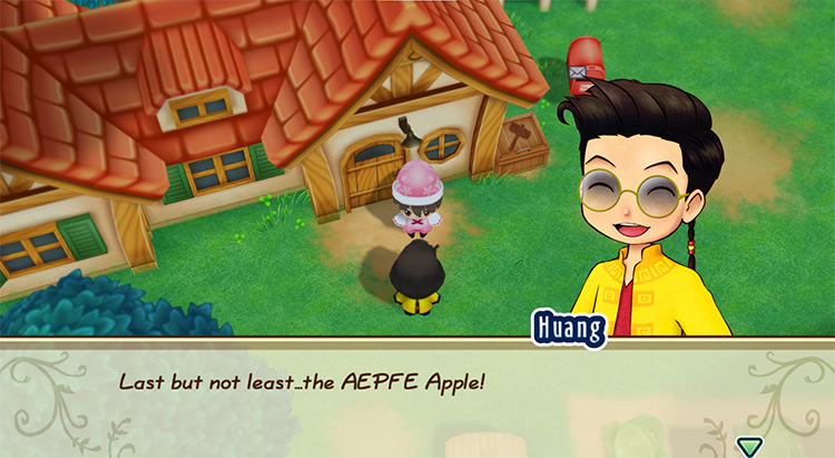 Huang offers to sell the farmer Special Apples at an inflated price during his Merchant Visit. / Story of Seasons: Friends of Mineral Town