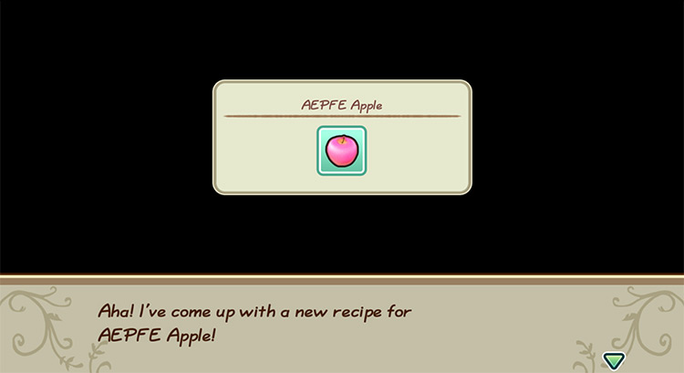 The farmer gets inspired to cook a Special Apple while in the kitchen. / Story of Seasons: Friends of Mineral Town