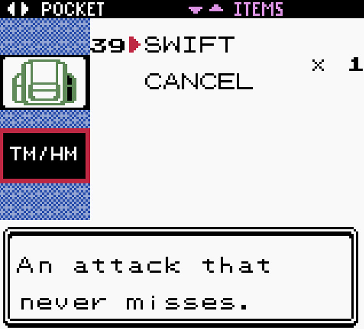 Looking at TM39 Swift in the inventory / Pokémon Crystal