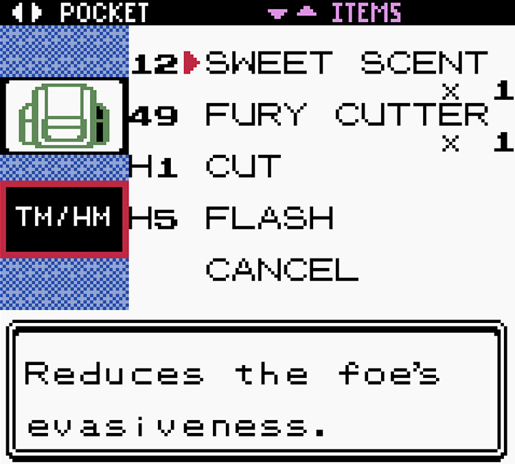 Viewing TM12 Sweet Scent in the inventory / Pokémon Crystal