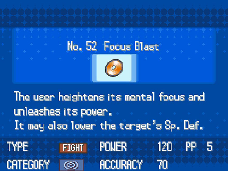 In-game details for TM52 Focus Blast. / Pokémon Black and White