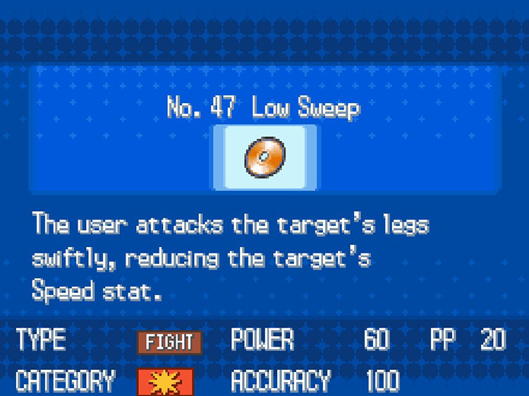 In-game details for TM47 Low Sweep. / Pokémon Black and White
