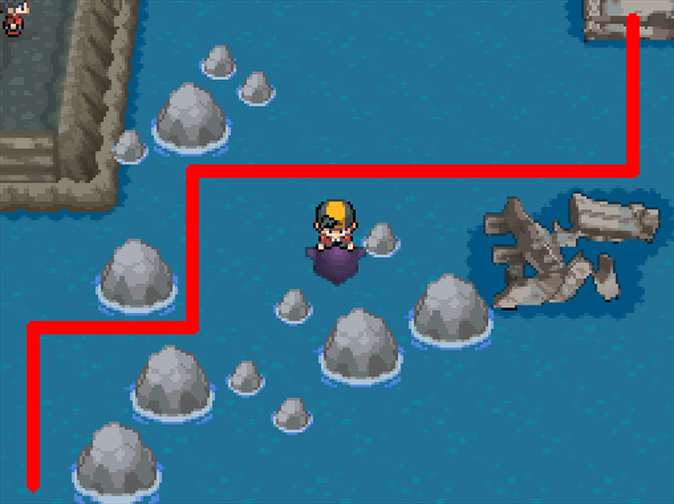 Surfing in the Dragon’s Den, with the path towards the shrine highlighted in red. / Pokémon HeartGold and SoulSilver