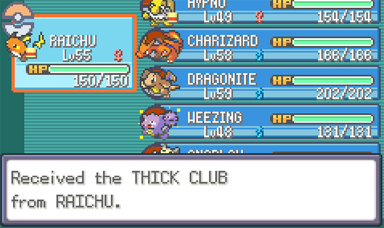 Taking the Thick Club from Raichu after stealing it from a Cubone / Pokémon FireRed and LeafGreen