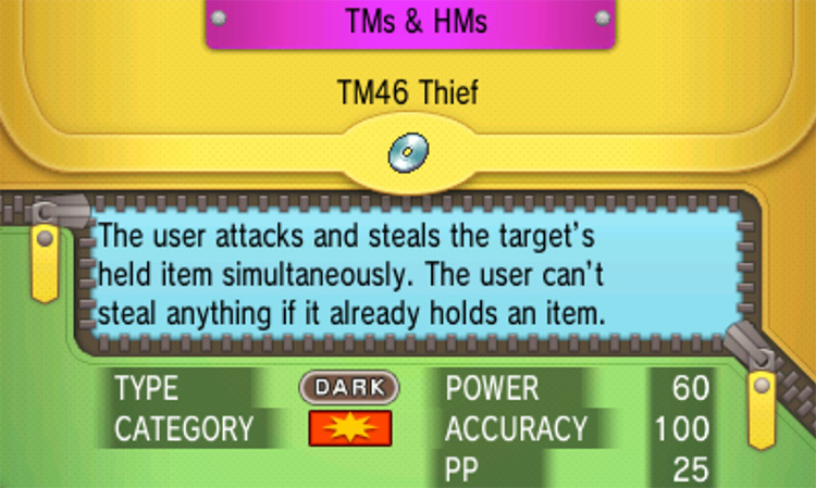 In-game details for TM46 Thief / Pokémon Omega Ruby and Alpha Sapphire