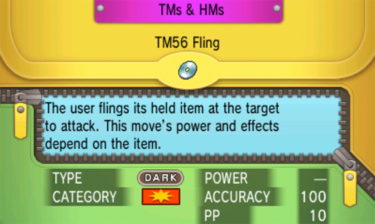In-game details for TM56 Fling / Pokémon Omega Ruby and Alpha Sapphire