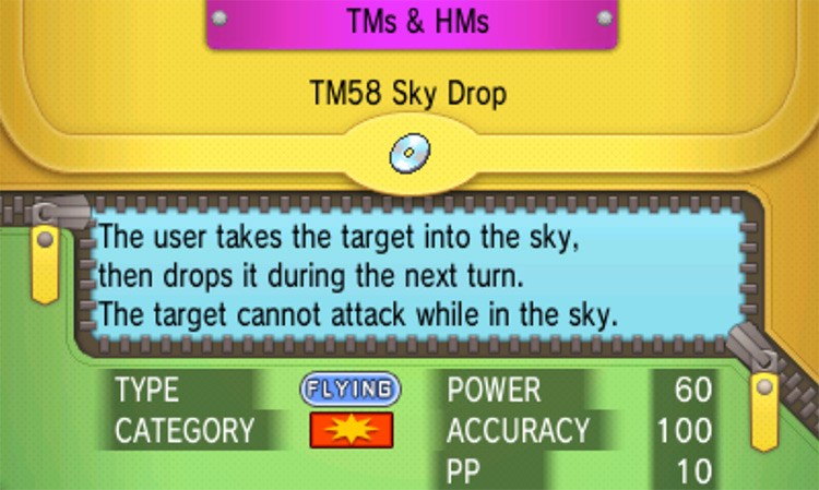 In-game details for TM58 Sky Drop / Pokémon Omega Ruby and Alpha Sapphire