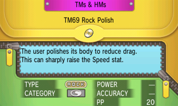 In-game details for TM69 Rock Polish / Pokémon Omega Ruby and Alpha Sapphire