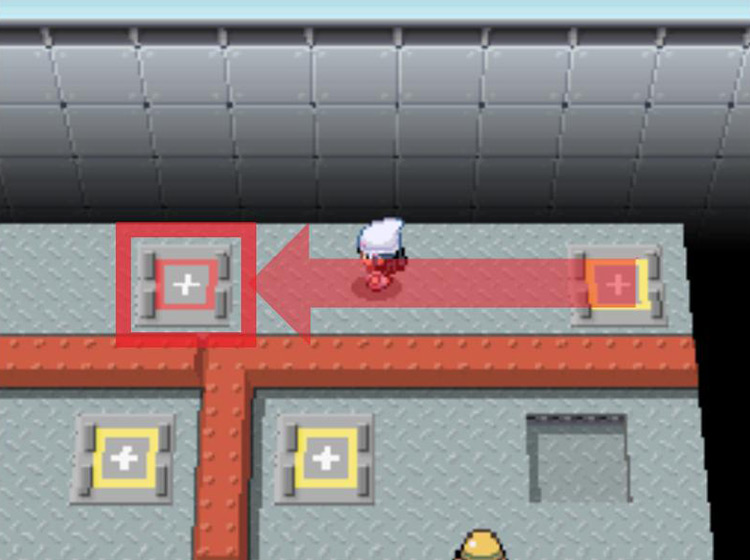 Stepping onto the red lift. / Pokémon Platinum