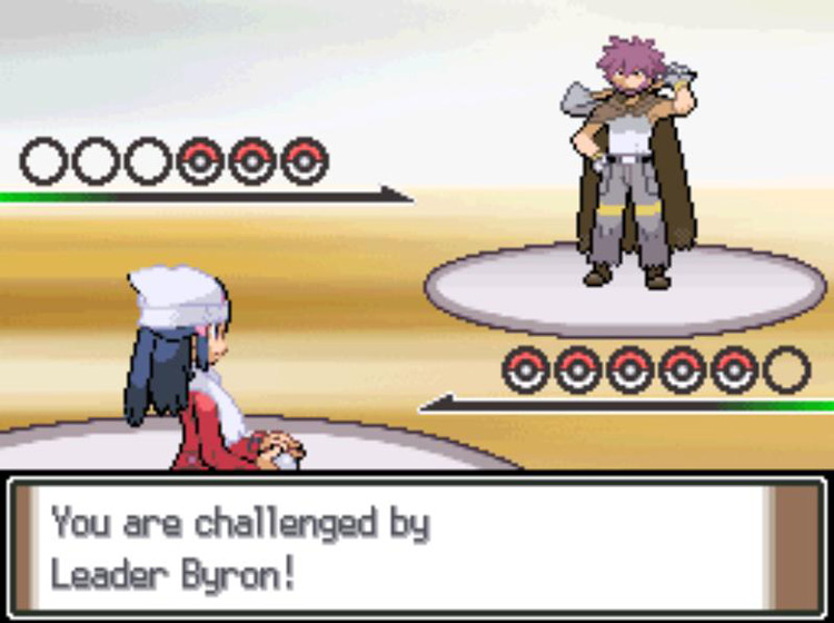 Starting the battle with Leader Byron. / Pokémon Platinum