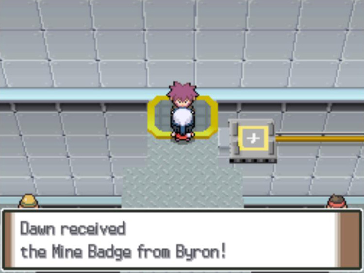 Obtaining the Mine Badge after defeating Leader Byron. / Pokémon Platinum