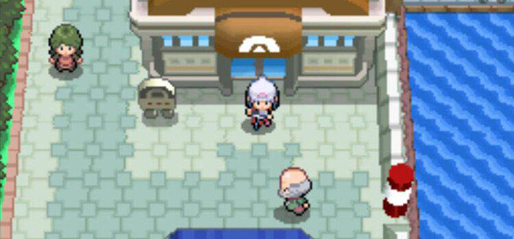 Standing outside the Canalave City Gym in Pokémon Platinum