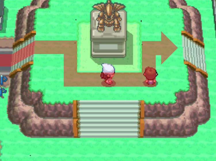 Circling around the statue in Eterna City’s northeastern corner / Pokémon Platinum