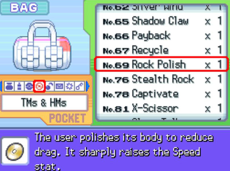In-game description of TM69 Rock Polish / Pokémon Platinum