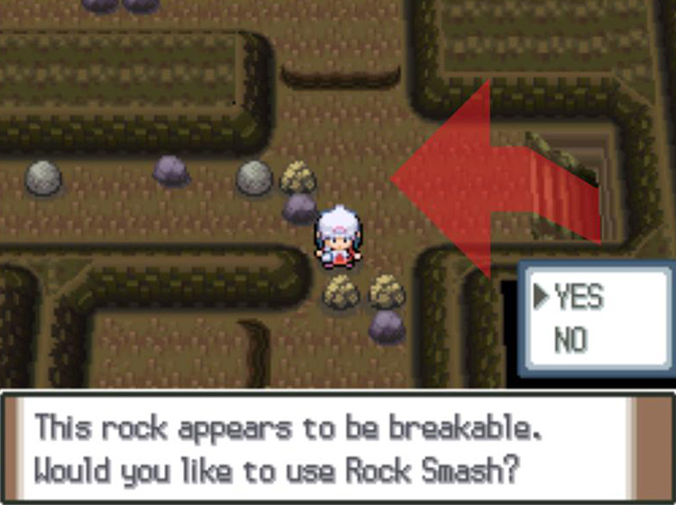 Using Rock Smash on the left rock / Pokémon Platinum