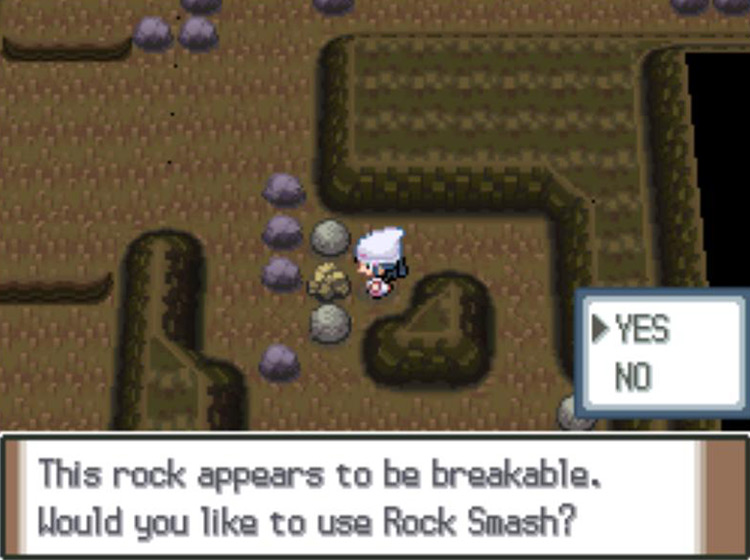 Using Rock Smash on the rock between the two movable boulders / Pokémon Platinum