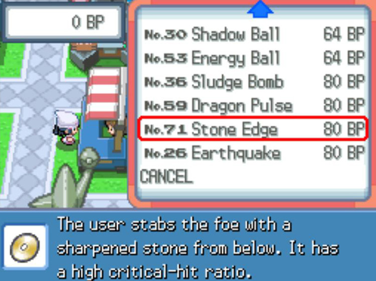 TM71 Stone Edge’s listing at the Battle Frontier / Pokémon Platinum