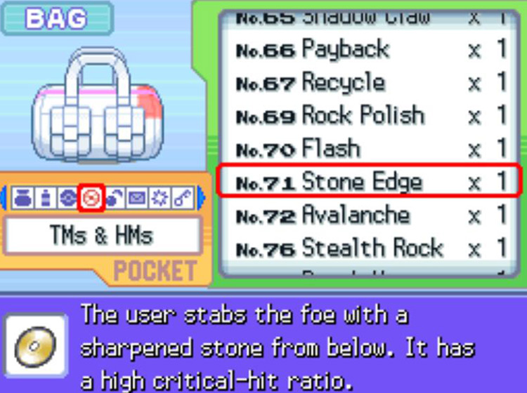 In-game description for TM71 Stone Edge / Pokémon Platinum