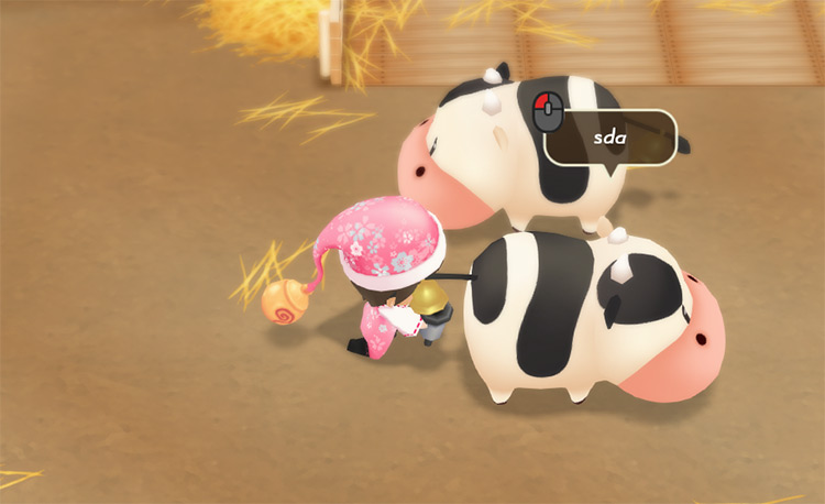The farmer harvests milk from a regular cow. / Story of Seasons: Friends of Mineral Town