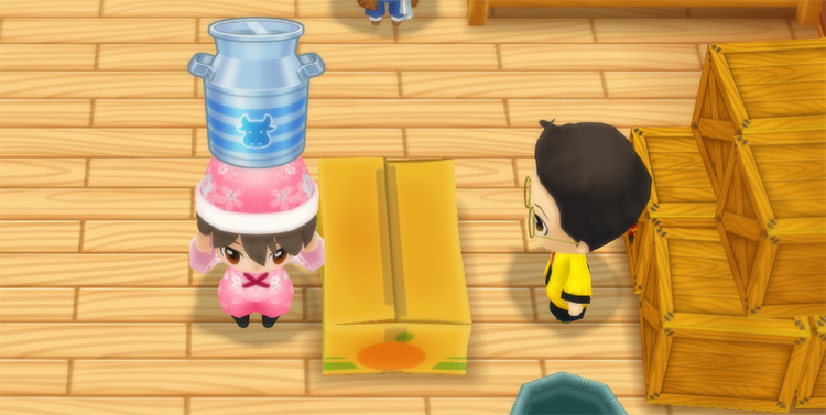 The farmer stands in front of Huang’s counter while holding X Milk. / Story of Seasons: Friends of Mineral Town