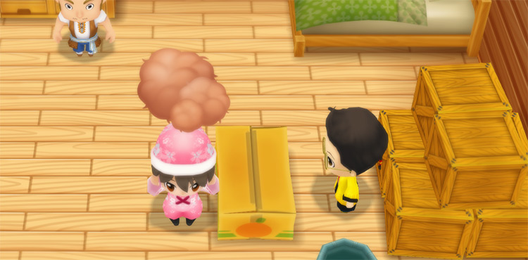 The farmer stands in front of Huang’s counter while holding X Alpaca Fleece. / Story of Seasons: Friends of Mineral Town