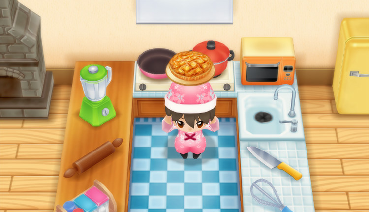 The farmer makes an Apple Pie in the kitchen. / Story of Seasons: Friends of Mineral Town