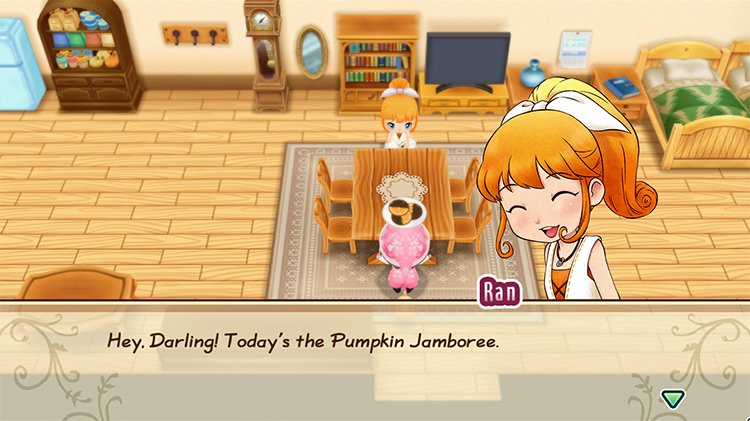 The farmer celebrates the Pumpkin Jamboree festival with Ran. / Story of Seasons: Friends of Mineral Town