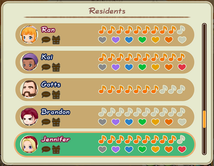 Interface of the Villagers Relationships tab. / Story of Seasons: Friends of Mineral Town