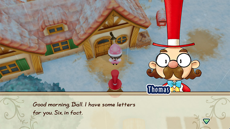 Mayor Thomas talks to the farmer about Starlight Night. / Story of Seasons: Friends of Mineral Town