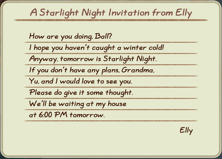 An invitation from Elly to celebrate Starlight Night. / Story of Seasons: Friends of Mineral Town