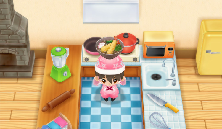 The farmer cooks Tempura Soba in the kitchen. / Story of Seasons: Friends of Mineral Town